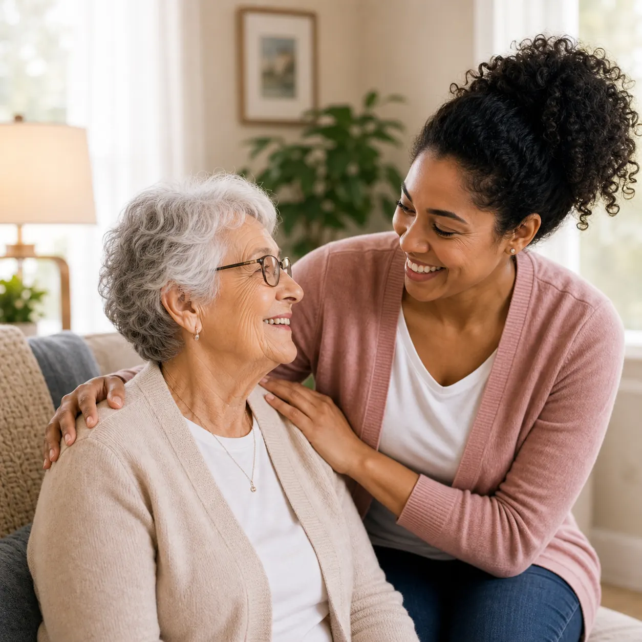 Caregiver comforting an older adult at home